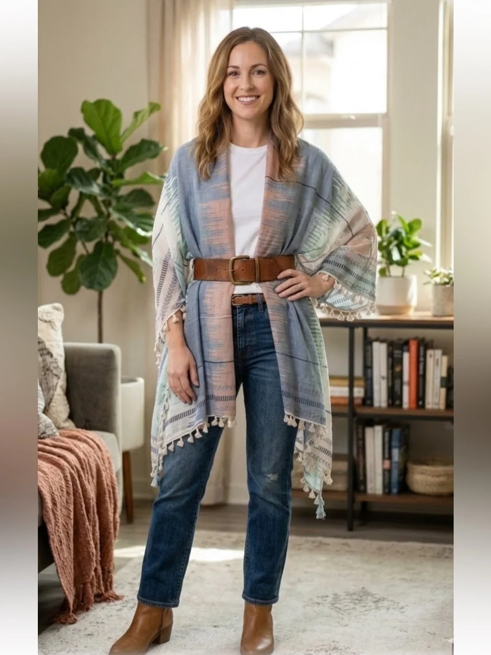 Caslon Linen-Blend Oversized Wrap with Tassels Pink Combo New